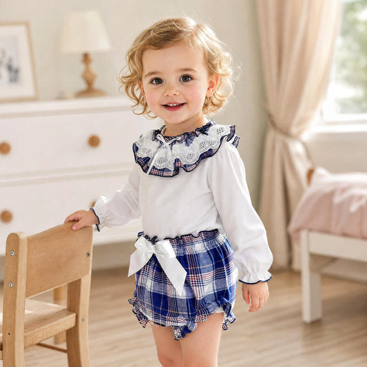 Baby Girls White Broderie Top and Navy Check Pants Set