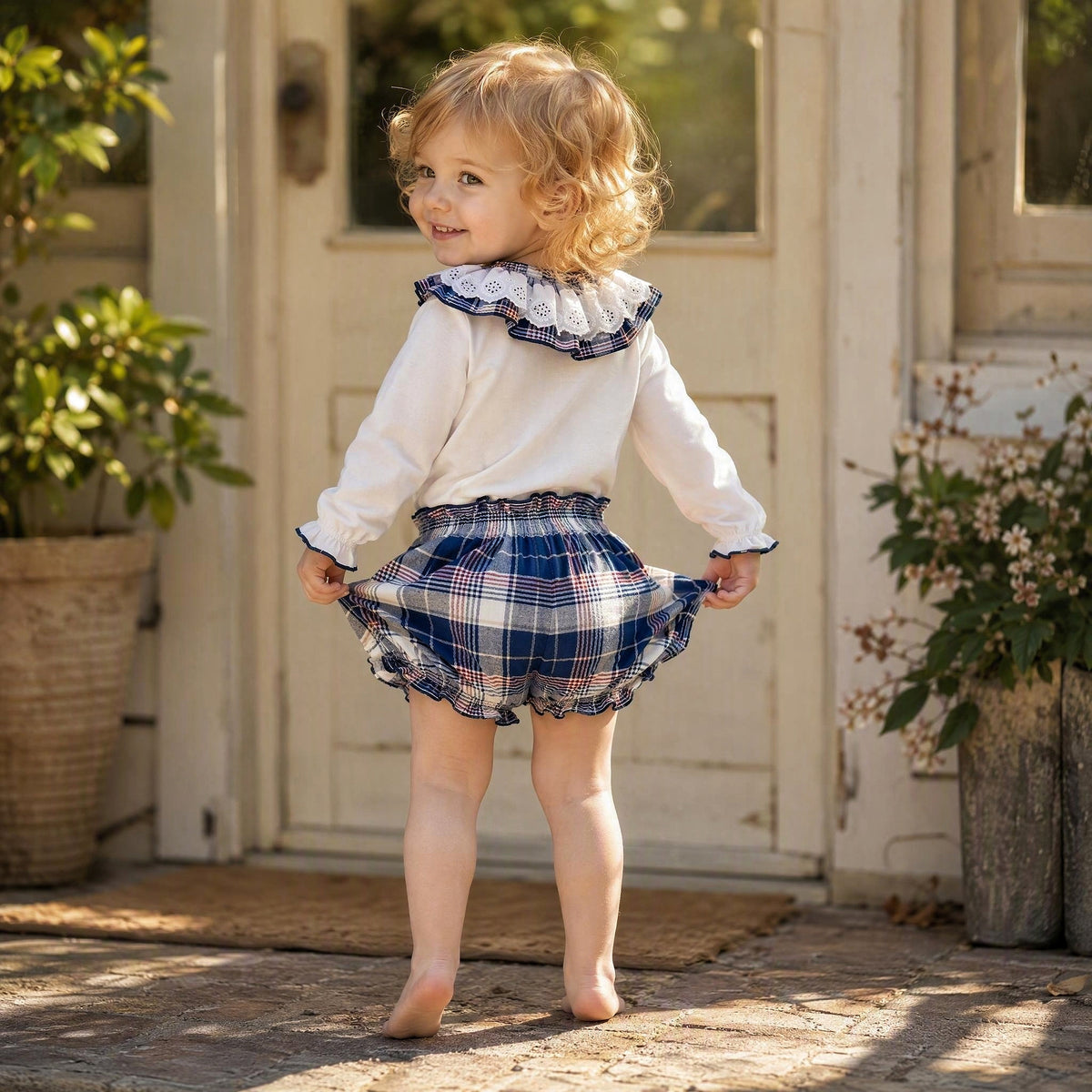 Baby Girls White Broderie Top and Navy Check Pants Set