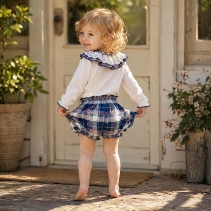 Baby Girls White Broderie Top and Navy Check Pants Set