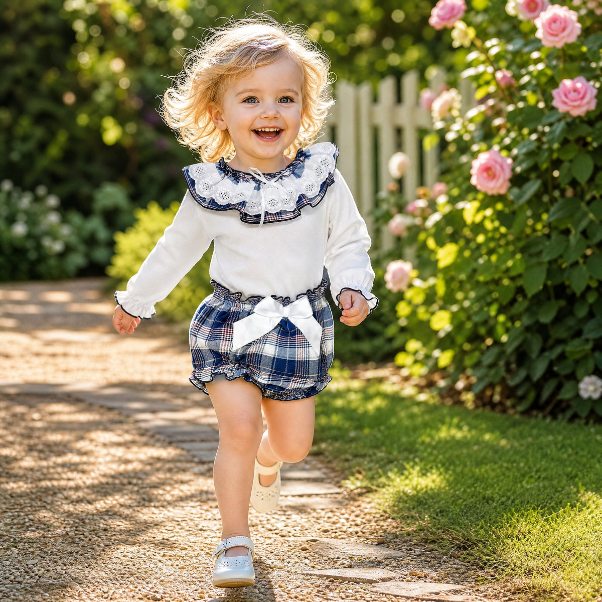 Baby Girls White Broderie Top and Navy Check Pants Set