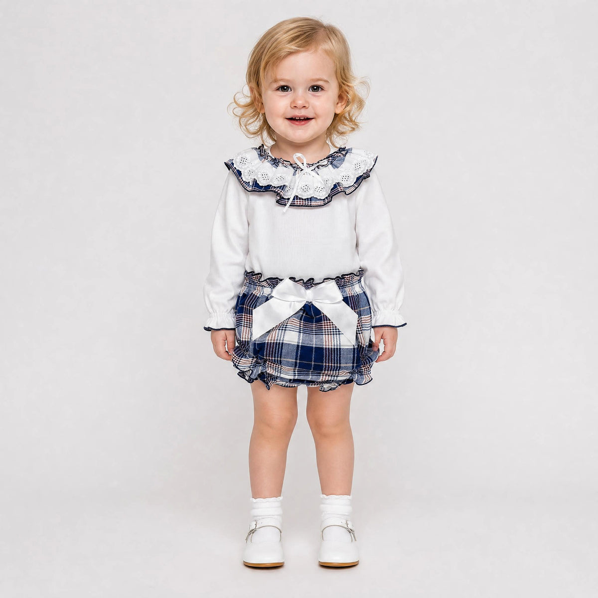 Baby Girls White Broderie Top and Navy Check Pants Set