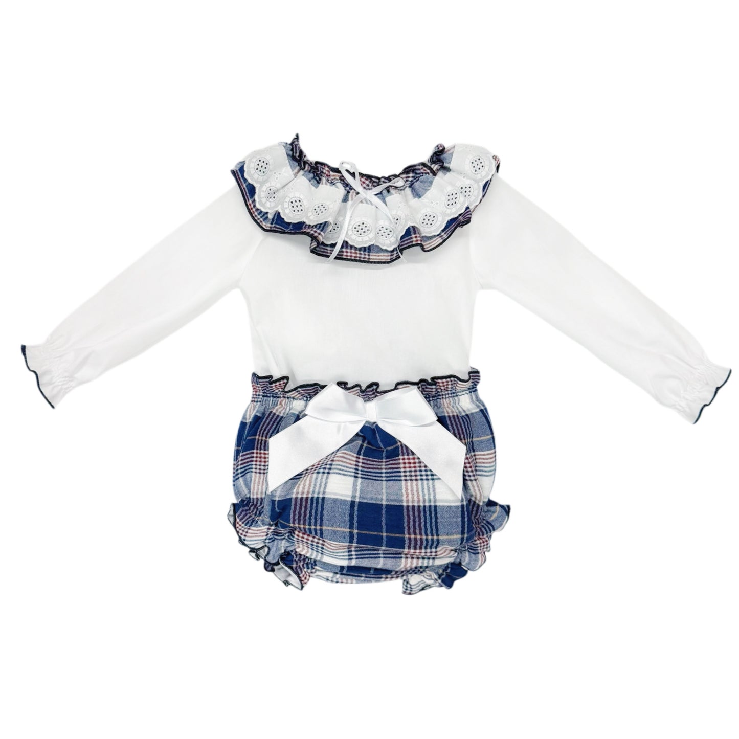 Baby Girls White Broderie Top and Navy Check Pants Set