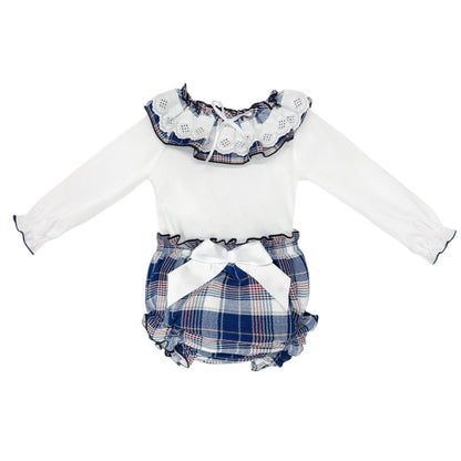 Baby Girls White Broderie Top and Navy Check Pants Set