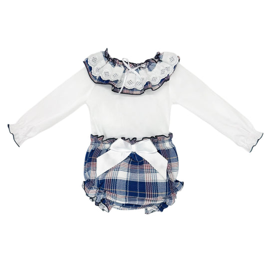 Baby Girls White Broderie Top and Navy Check Pants Set
