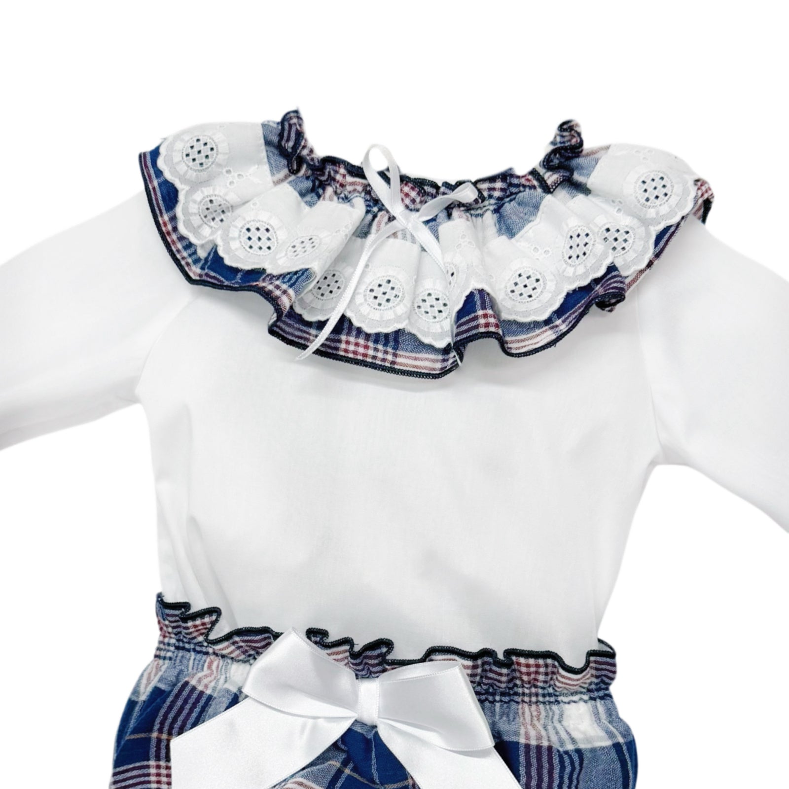 Baby Girls White Broderie Top and Navy Check Pants Set, alternate view 1