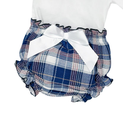 Baby Girls White Broderie Top and Navy Check Pants Set, alternate view 2