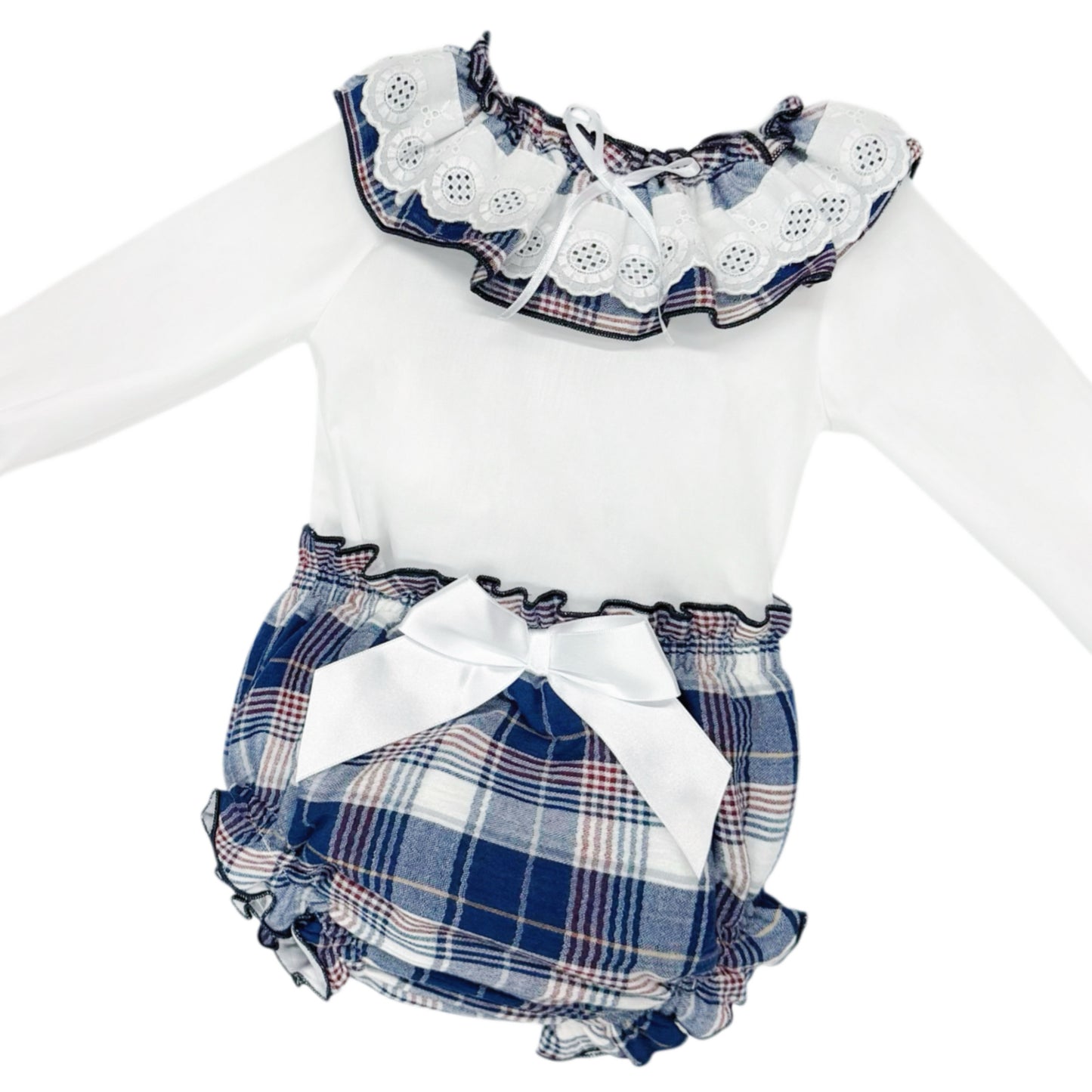 Baby Girls White Broderie Top and Navy Check Pants Set, detail view