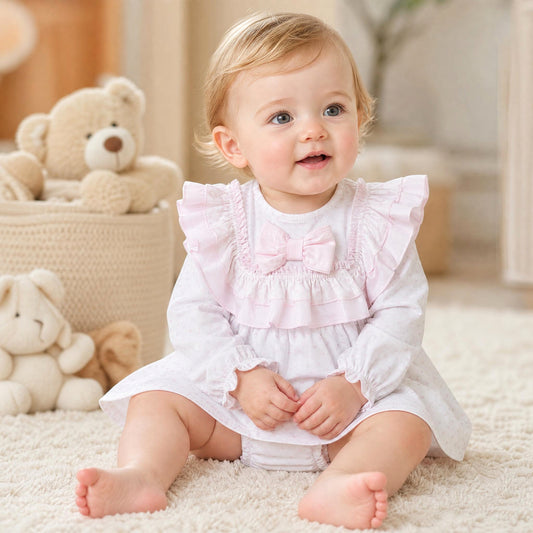 Baby Girls Pale Pink Spot Ruffle Dress and Pants
