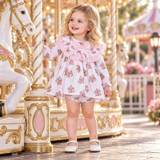 Baby Girls Pink Carousel Print Dress and Pants Set