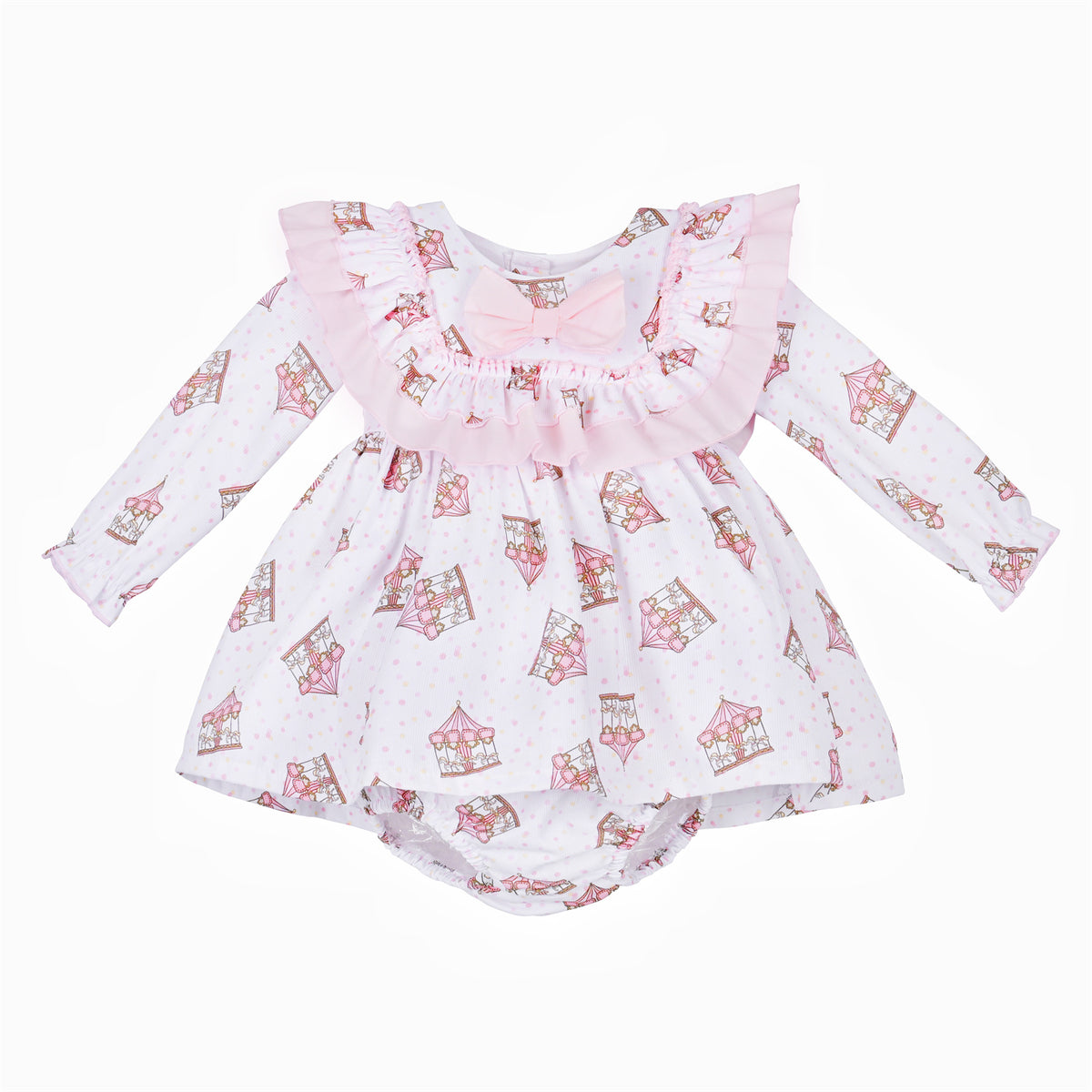 Baby dress and matching pants with pink carousel print and layered frills around the chest