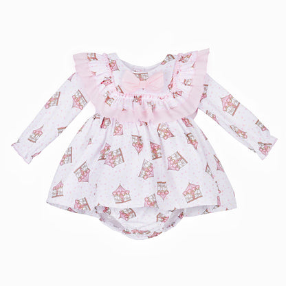 Baby dress and matching pants with pink carousel print and layered frills around the chest