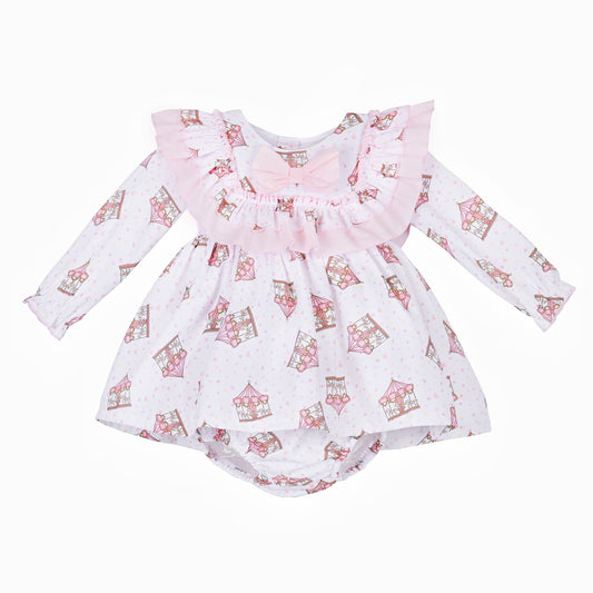 Baby dress and matching pants with pink carousel print and layered frills around the chest