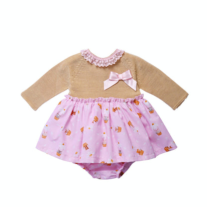 Camel and Pink Balloon Print Baby Dress and Pants Set
