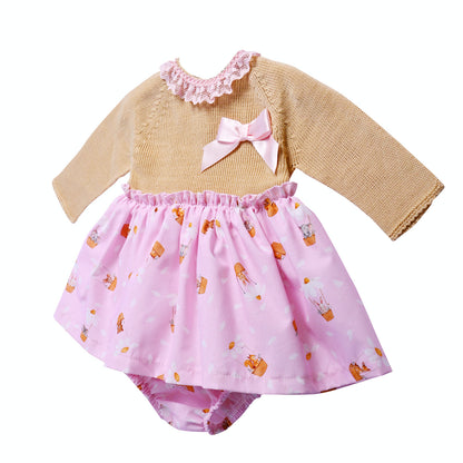 Camel and Pink Balloon Print Baby Dress and Pants Set