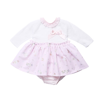 White and Pink Duck Print Baby Dress and Pants Set