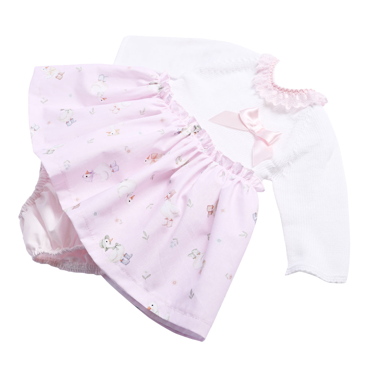 White and Pink Duck Print Baby Dress and Pants Set