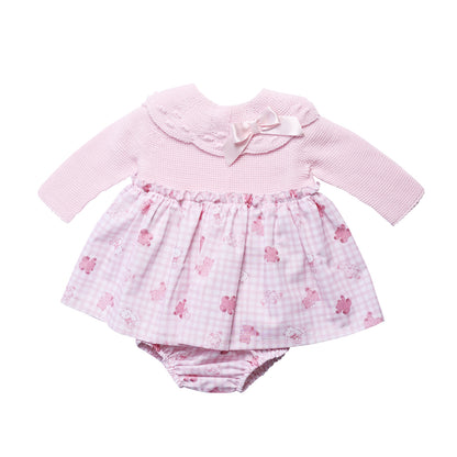 Pink Gingham Teddy Print Baby Dress and Pants Set