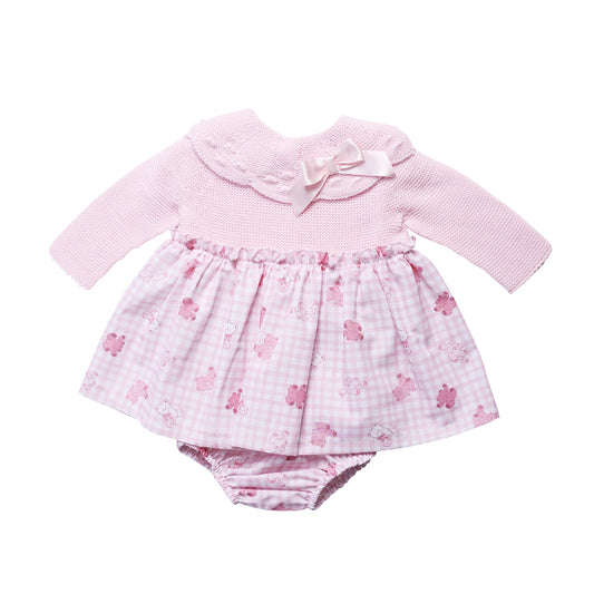 Pink Gingham Teddy Print Baby Dress and Pants Set