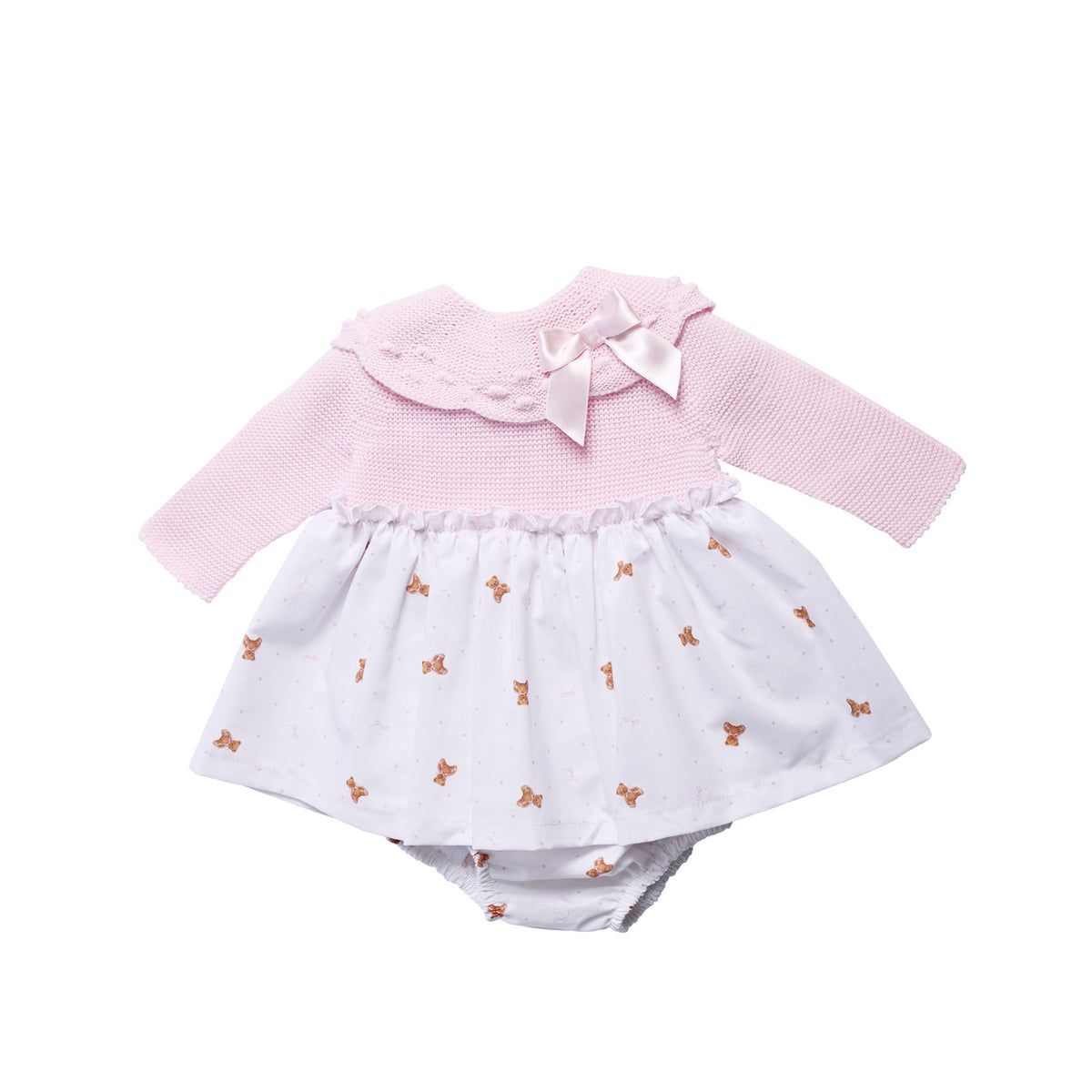 Pink and White Teddy Print Baby Dress and Pants Set