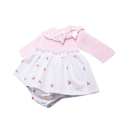 Pink and White Teddy Print Baby Dress and Pants Set
