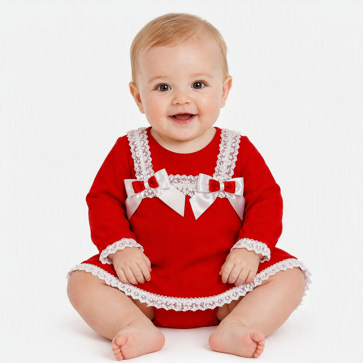 Baby Girls Red Lace Trim Dress and Pants with Bows