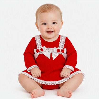 Baby Girls Red Lace Trim Dress and Pants with Bows