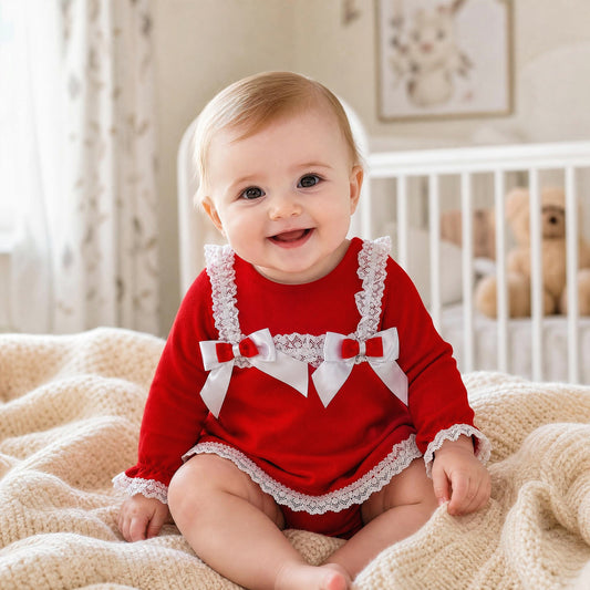 Baby Girls Red Lace Trim Dress and Pants with Bows