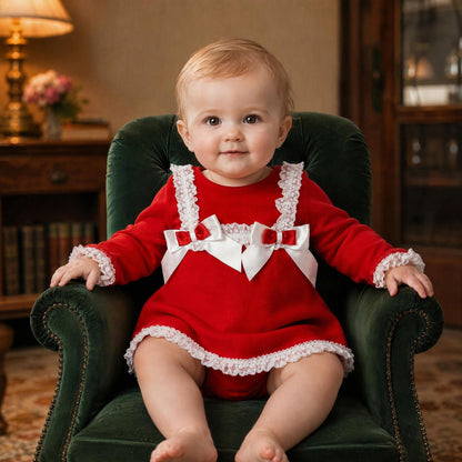 Baby Girls Red Lace Trim Dress and Pants with Bows