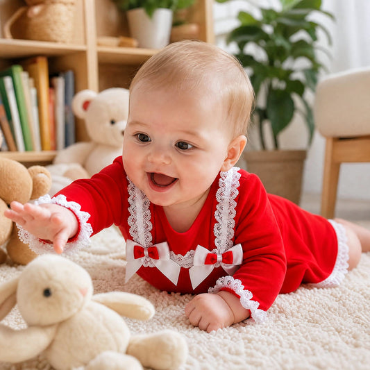 Baby Girls Red Lace Trim Dress and Pants with Bows