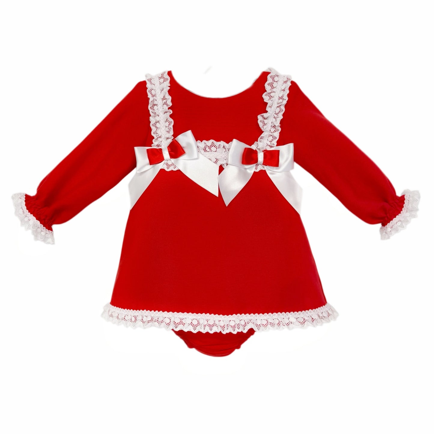 Baby Girls Red Lace Trim Dress and Pants with Bows
