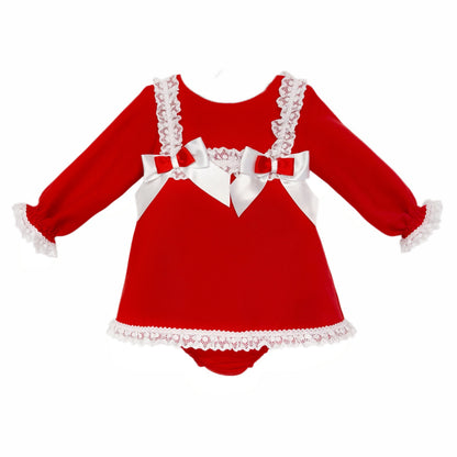 Baby Girls Red Lace Trim Dress and Pants with Bows