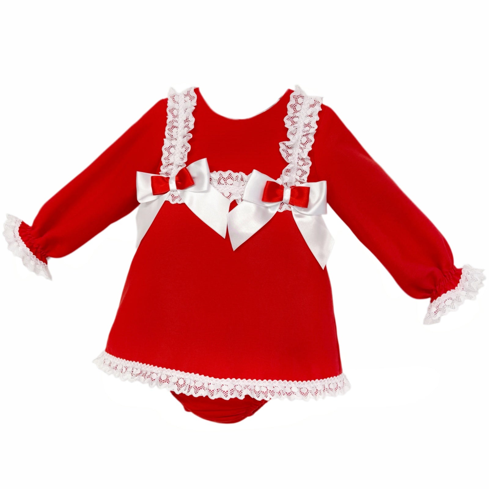 Baby Girls Red Lace Trim Dress and Pants with Bows, alternate view 1