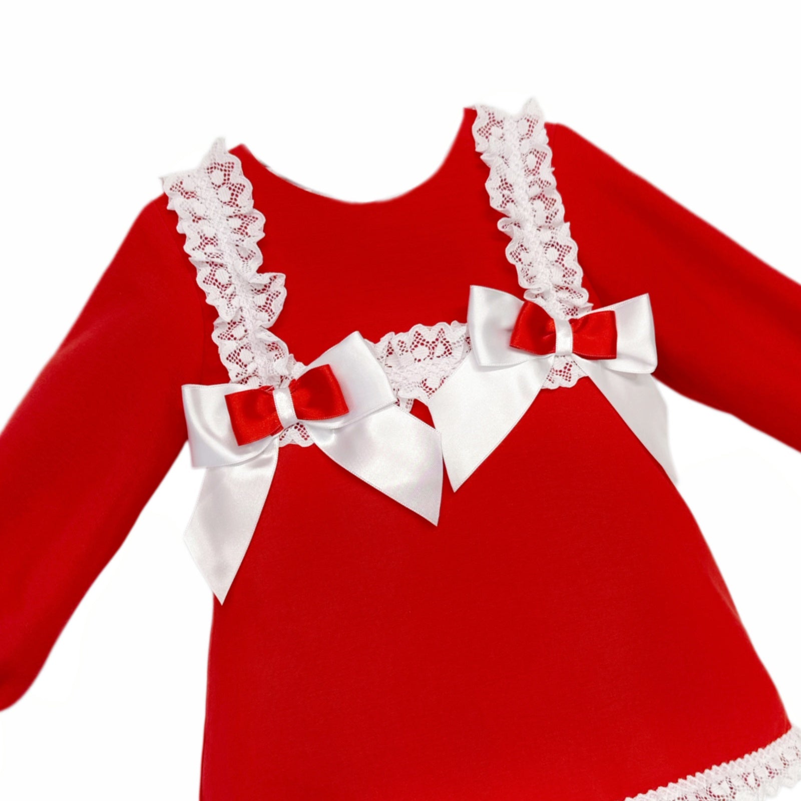 Baby Girls Red Lace Trim Dress and Pants with Bows, detail view