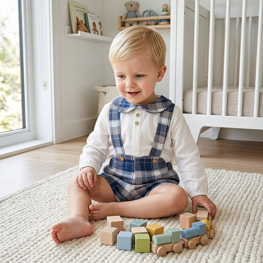 Baby Boys White Shirt and Navy Check Brace Shorts Set
