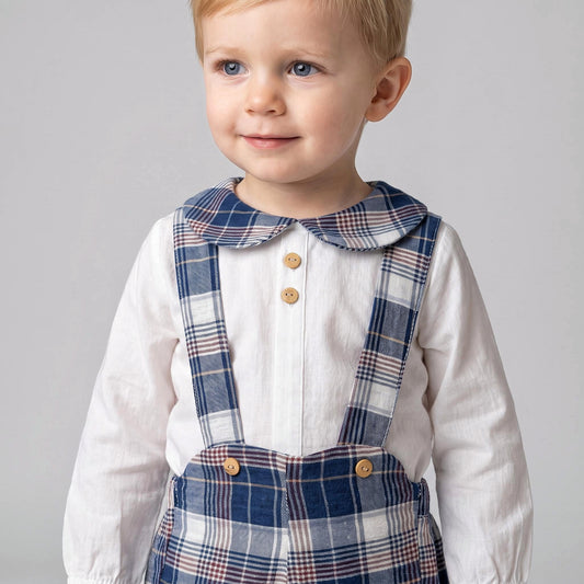 Baby Boys White Shirt and Navy Check Brace Shorts Set