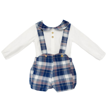 Baby Boys White Shirt and Navy Check Brace Shorts Set