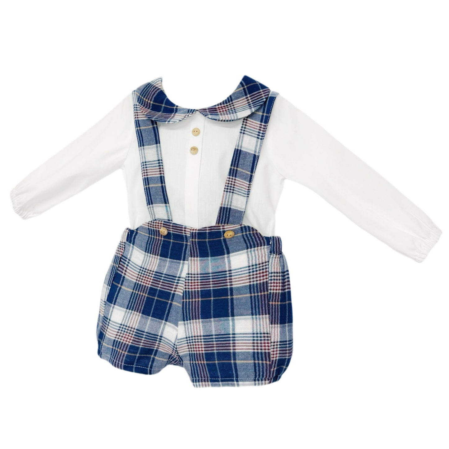 Baby Boys White Shirt and Navy Check Brace Shorts Set, alternate view 1
