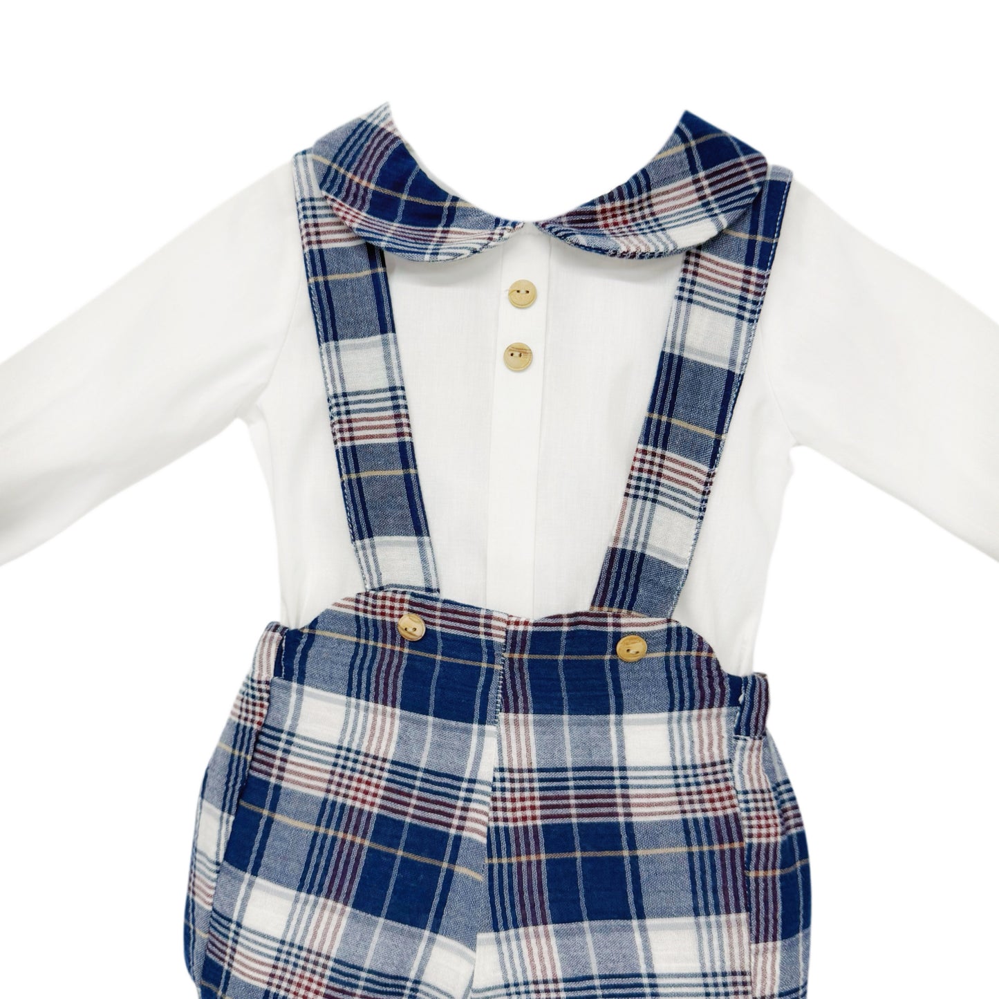 Baby Boys White Shirt and Navy Check Brace Shorts Set, detail view