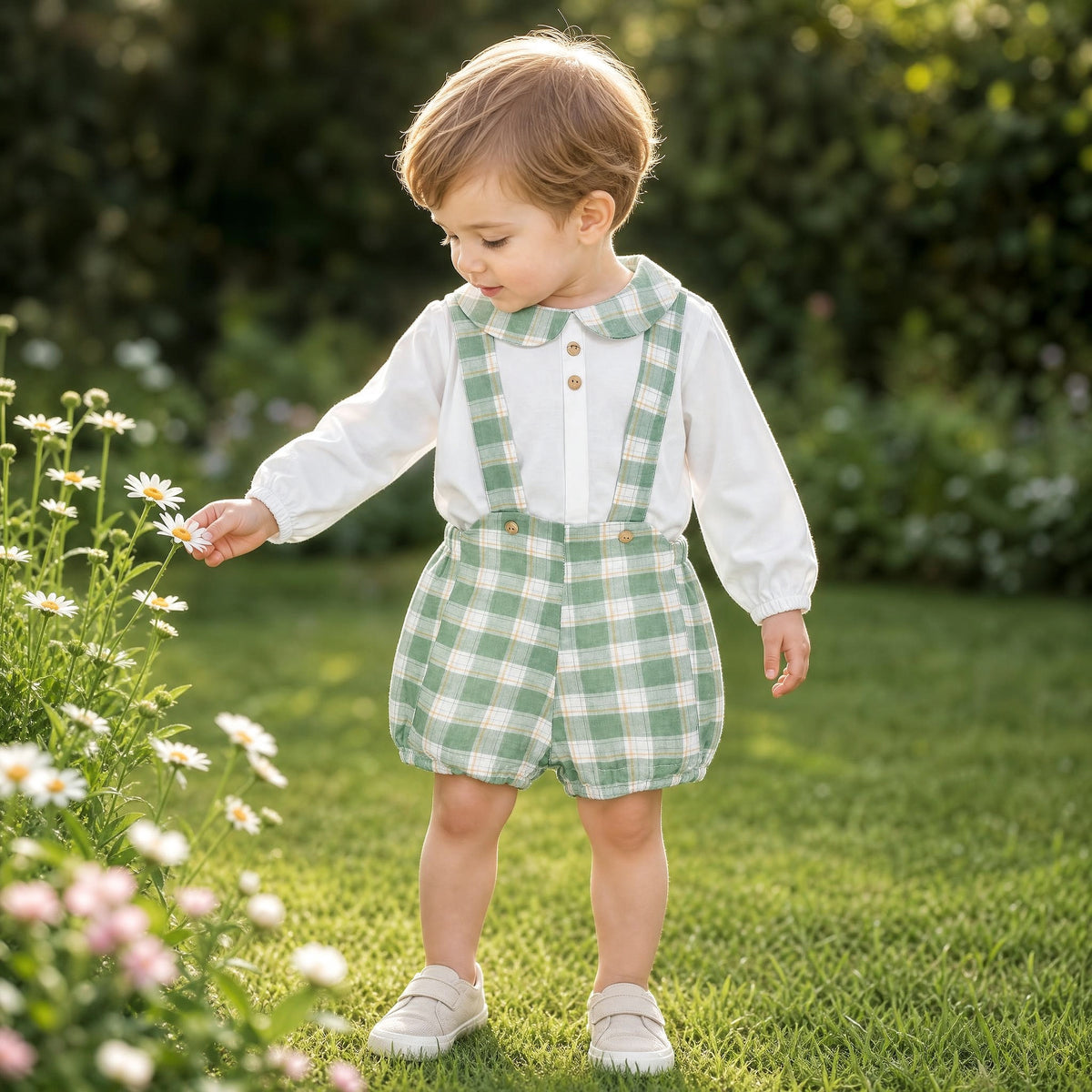 Baby Boys White Shirt and Green Check Brace Shorts Set