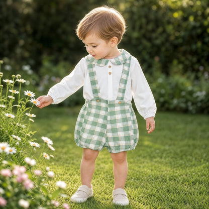 Baby Boys White Shirt and Green Check Brace Shorts Set