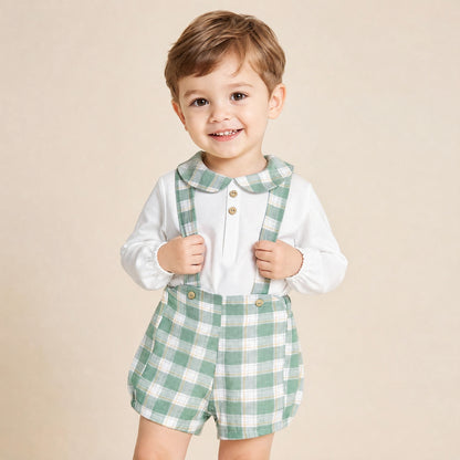Baby Boys White Shirt and Green Check Brace Shorts Set