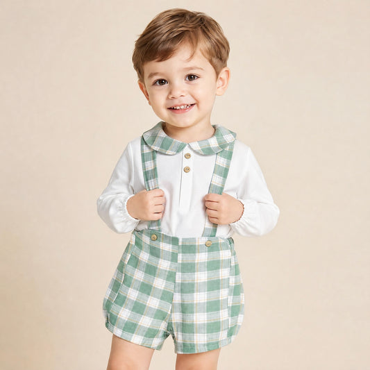 Baby Boys White Shirt and Green Check Brace Shorts Set