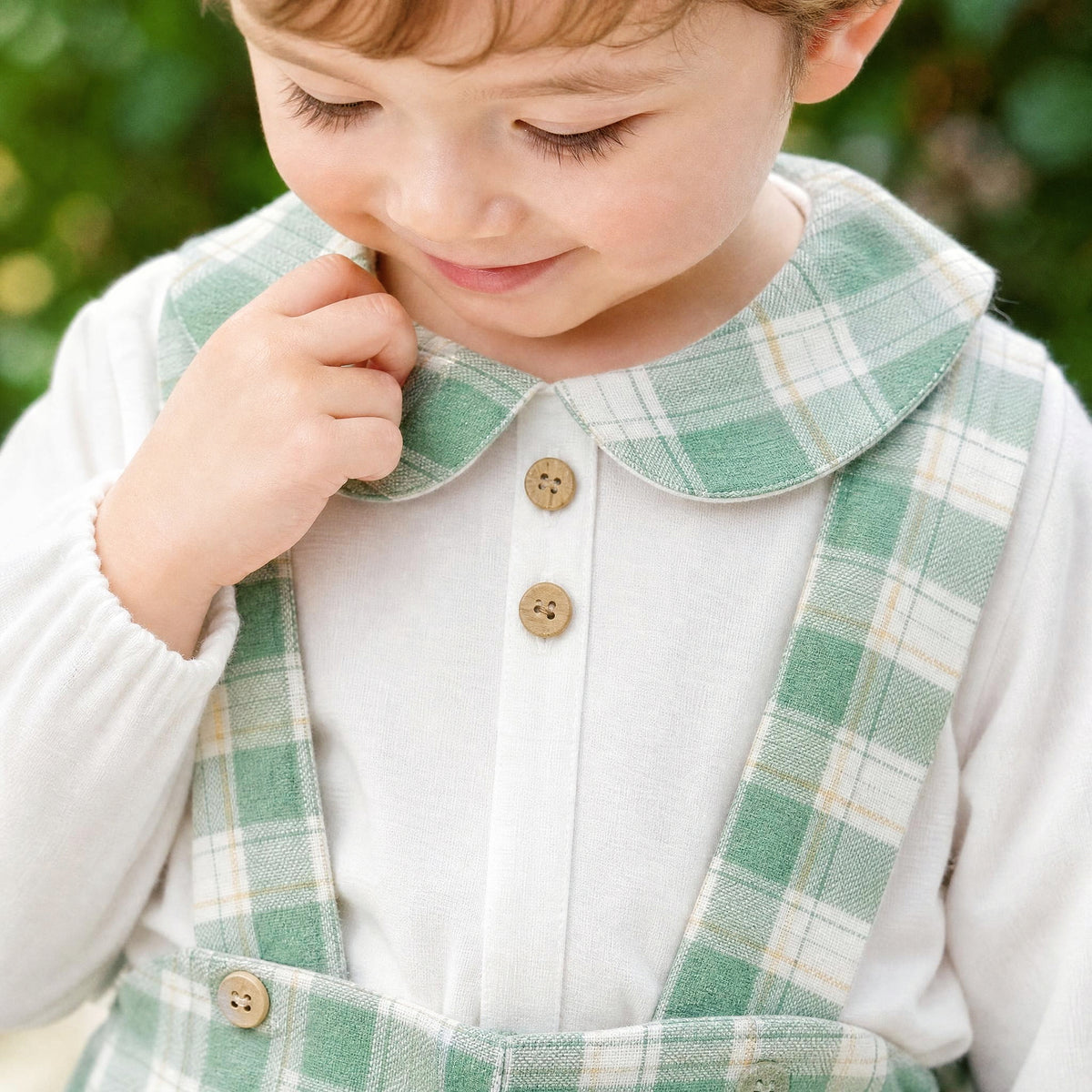 Baby Boys White Shirt and Green Check Brace Shorts Set