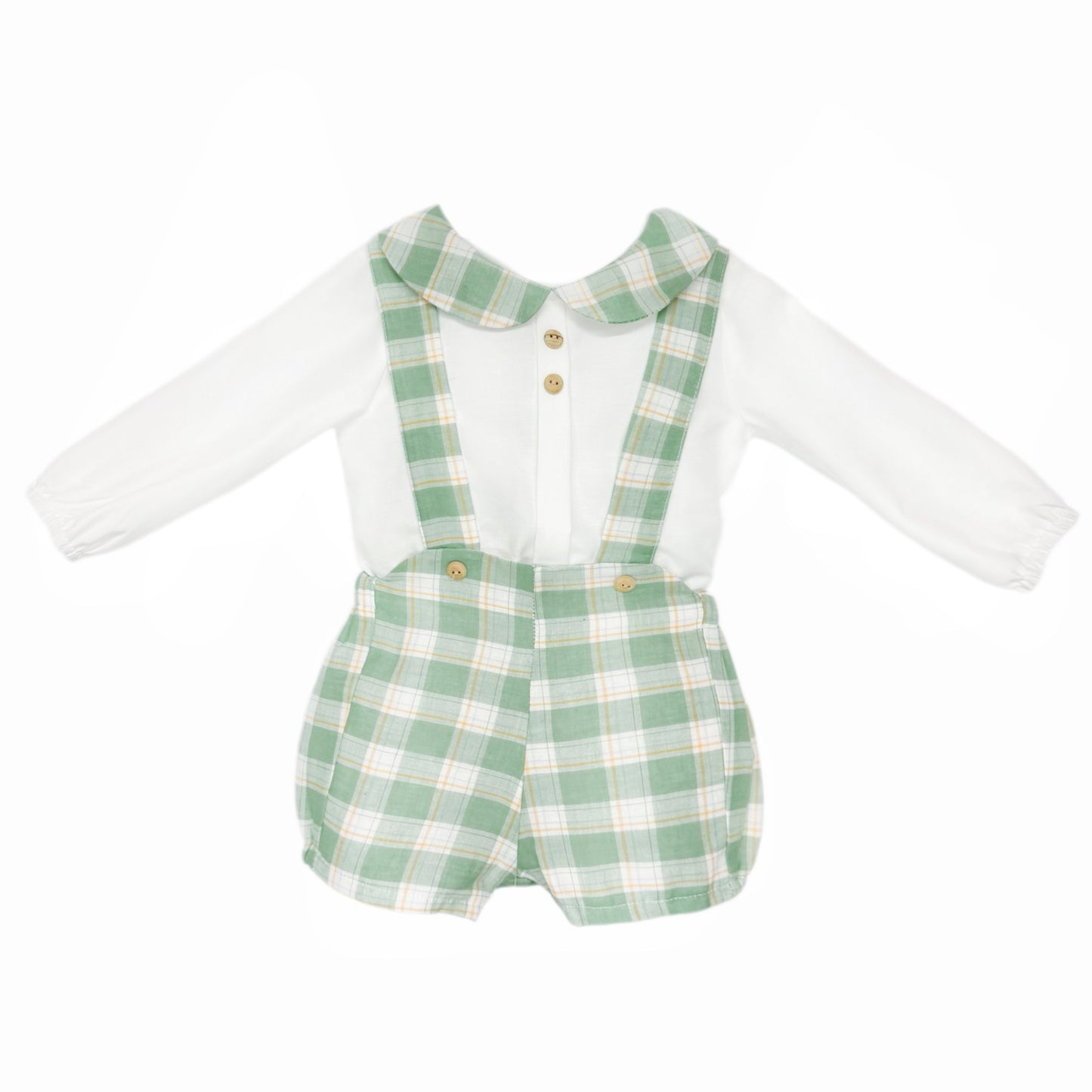 Baby Boys White Shirt and Green Check Brace Shorts Set