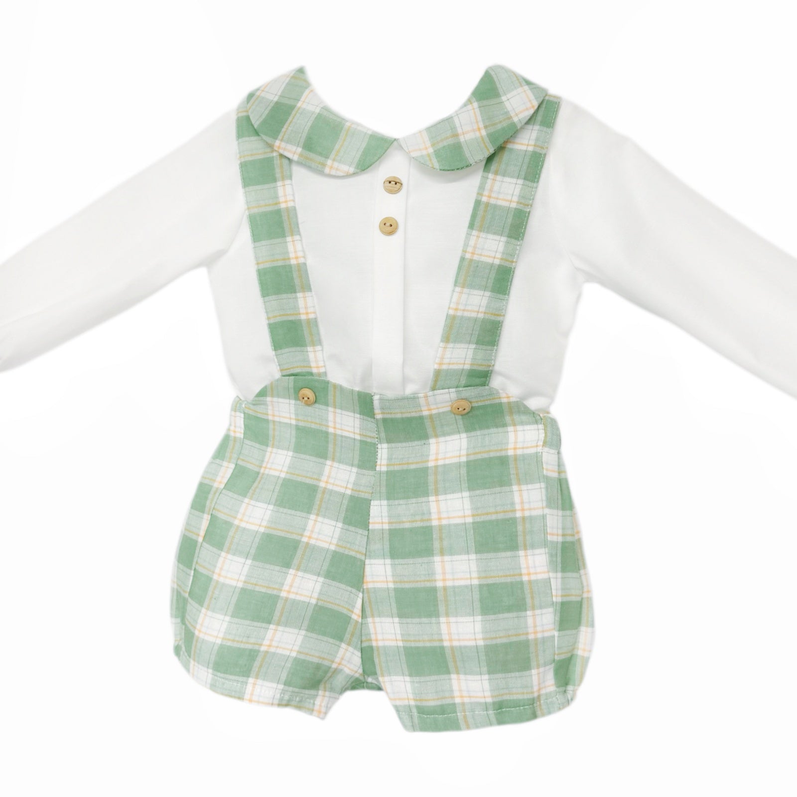 Baby Boys White Shirt and Green Check Brace Shorts Set, alternate view 1
