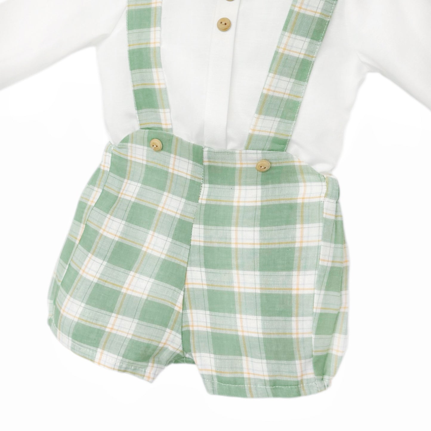Baby Boys White Shirt and Green Check Brace Shorts Set, detail view