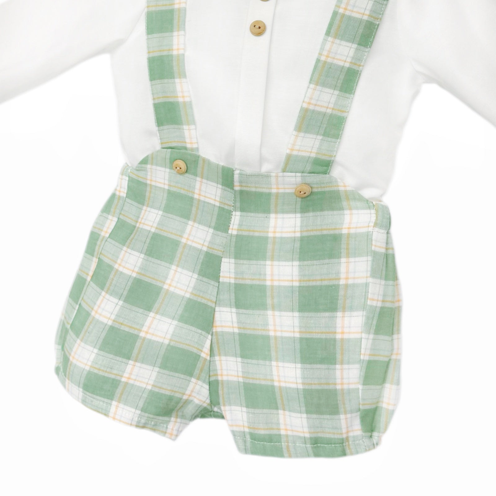 Baby Boys White Shirt and Green Check Brace Shorts Set, detail view
