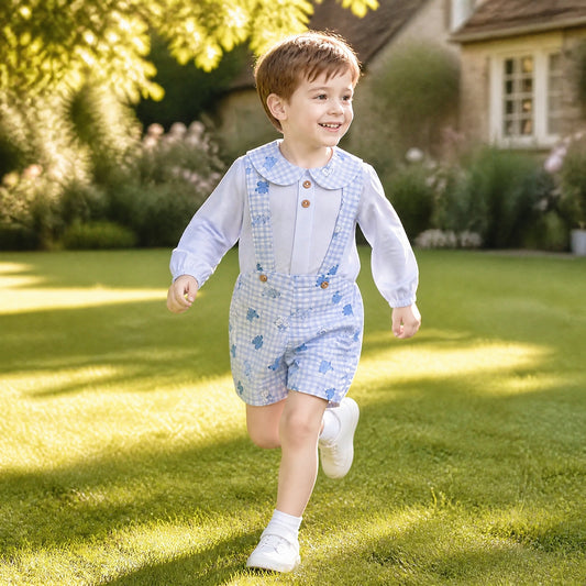 Baby Boys Blue Gingham Teddy Dungaree Shorts Set