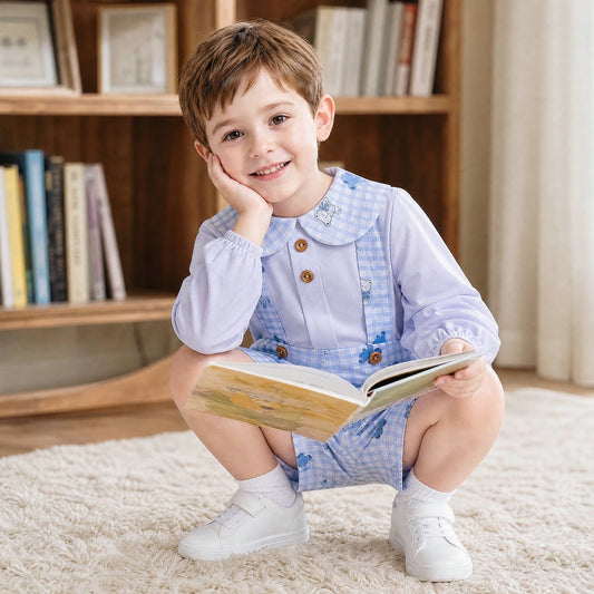 Baby Boys Blue Gingham Teddy Dungaree Shorts Set