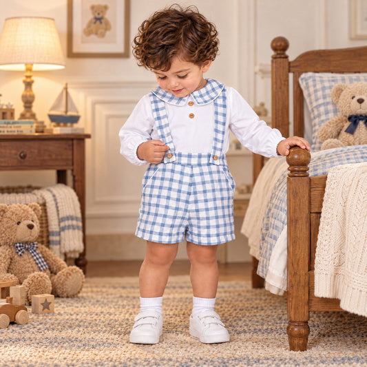 Baby Boys Blue Gingham Shirt and Brace Shorts Set
